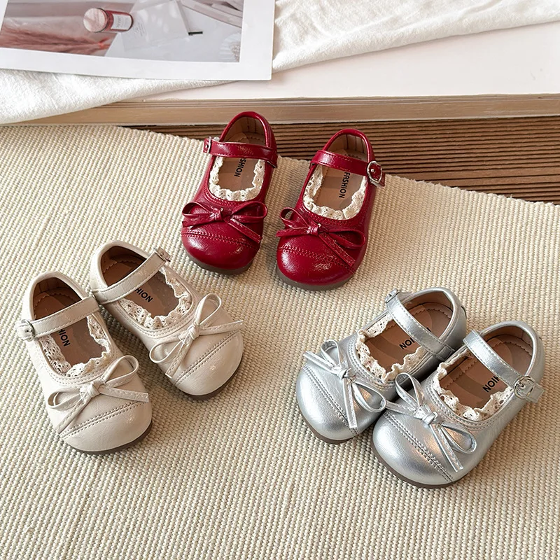 New Sweet Girls Lace Trim Mary Janes Princess Bow Kids Leather Shoes Non Slip Causal Dress Flat Shoes for Children Wedding Party