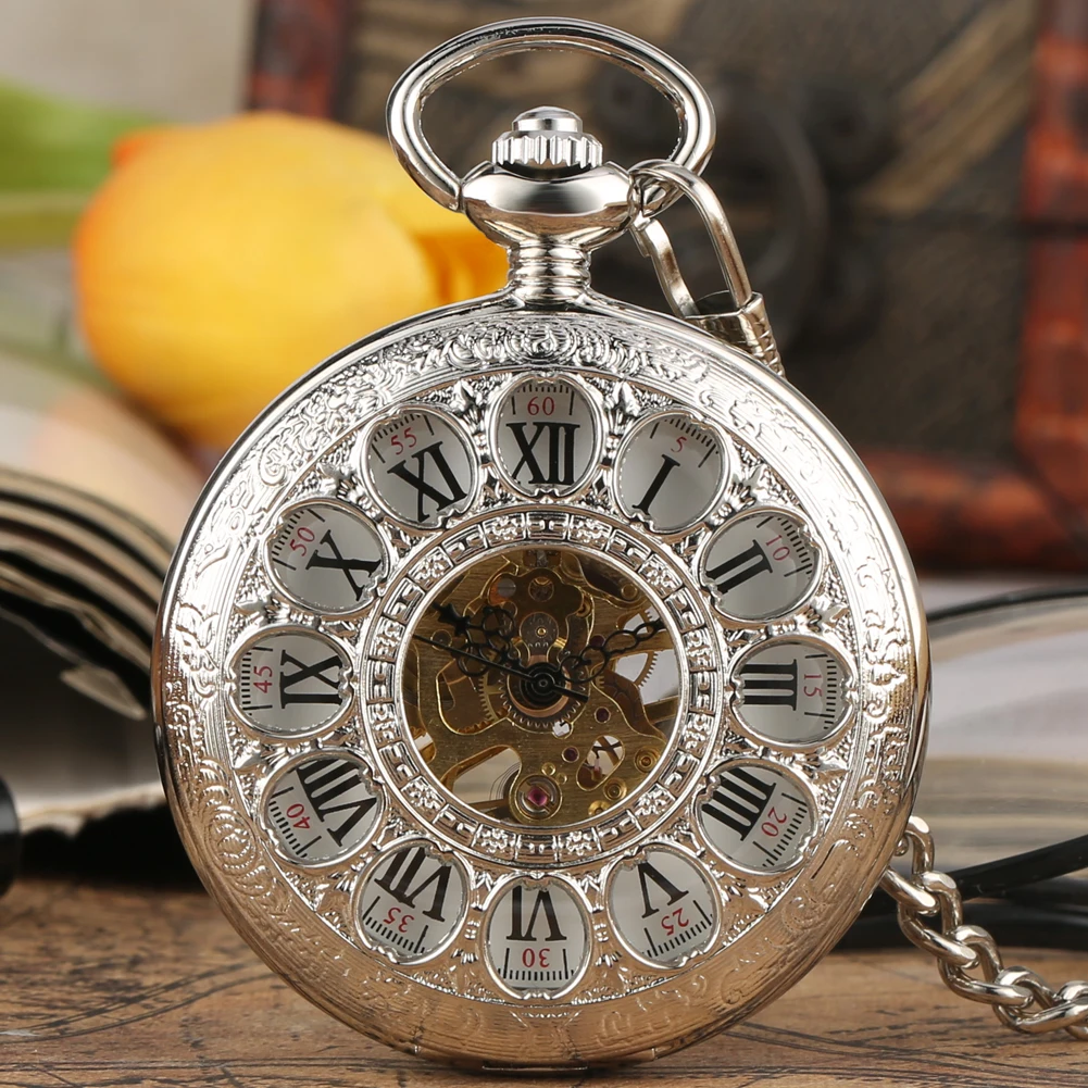 

Silver Hollow 12 Circles Men's Mechanical Pocket Watch Roman Numerals Dial Fob Chain Mechanical Hand Winding Pocket Clock Gift