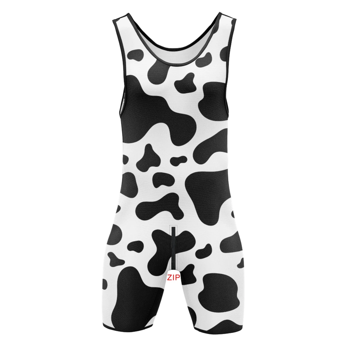 Men's Zipper Singlets Cow Print Sexyman Fun Sleepwear One-Piece Sleeveless Bodysuits Gym Sports Fitness Clothing