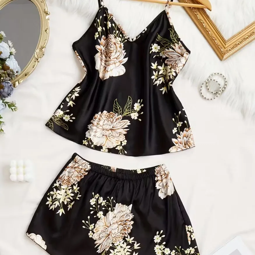 Summer Shorts Women Matching Sets Satin Short Pants Floral Print Sleep Shorts Elastic Waist Pajama Shorts Women's Matching Two