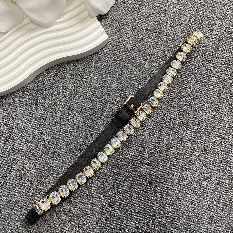 Heavy industry rhinestone inlaid pliers thin waist belt, high-end sensory head layer cowhide waist chain, thin 1.4cm belt