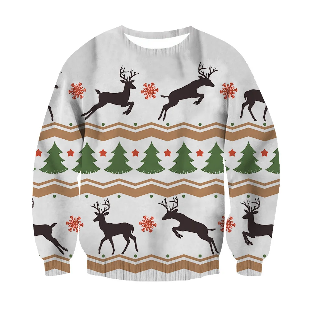 

3D digital print Christmas reindeer long-sleeved crewneck sweatshirt for men and women - stylish and comfortable.