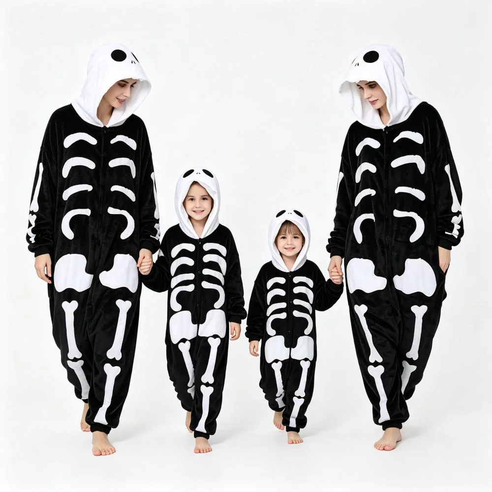 Family Matching Halloween Skeleton Onesie Pajamas Set Adult Kids Flannel Hooded Jumpsuit Clown Cosplay Costume Home Sleepwear