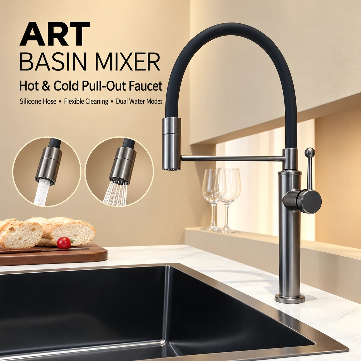 Pull Out Kitchen Faucet Italian Style Flexible Silicone Hose Hot Cold Sink Faucet Mechanical Flip Switch Sprayer 360° Swivel
