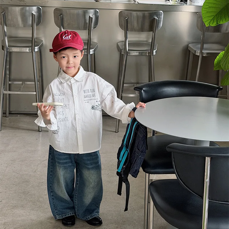 Ropa Infantil para Niños, Camisa con Diseño de Letras, Camisa de Manga Larga a la Moda para Niños, Otoño 2026, Estilo Graffiti, Informal