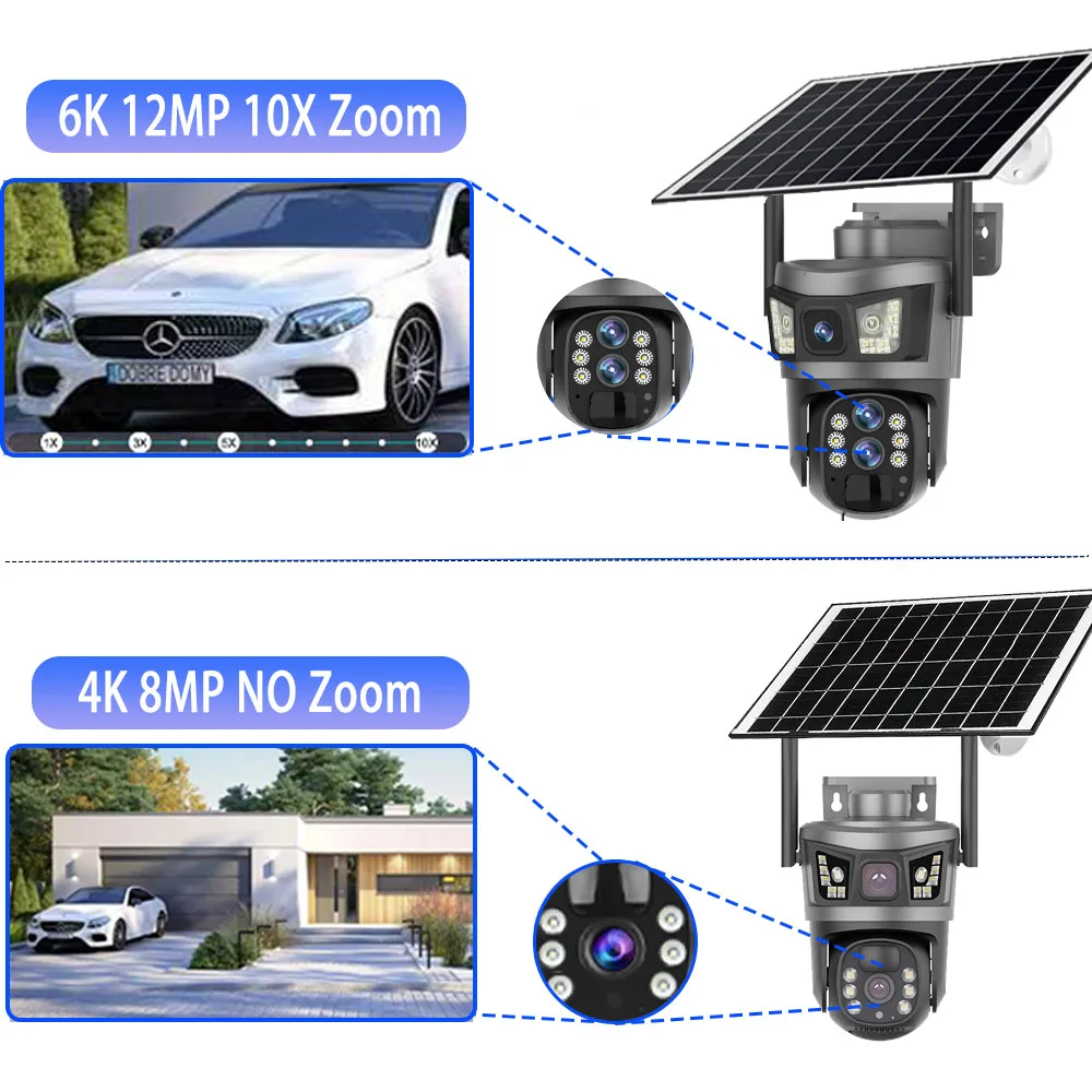 Cámara Solar de 12MP 4G Sim para exteriores, tres pantallas, Zoom 10X, 6K, tres lentes de seguridad, cámara de vigilancia de seguimiento automático humano 360 V380 Pro