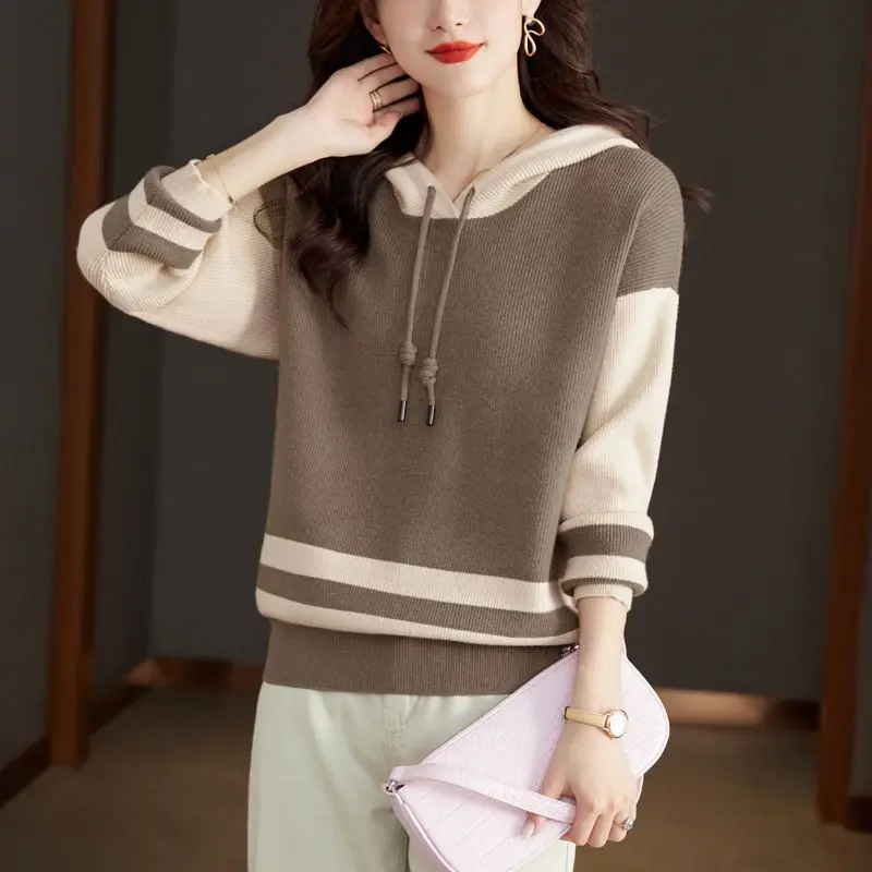 Hooded Contrasting Colors Sweater Women Autumn Winter Simplicity Loose Knitwear Office Lady All-match Fashion Knitting Tops