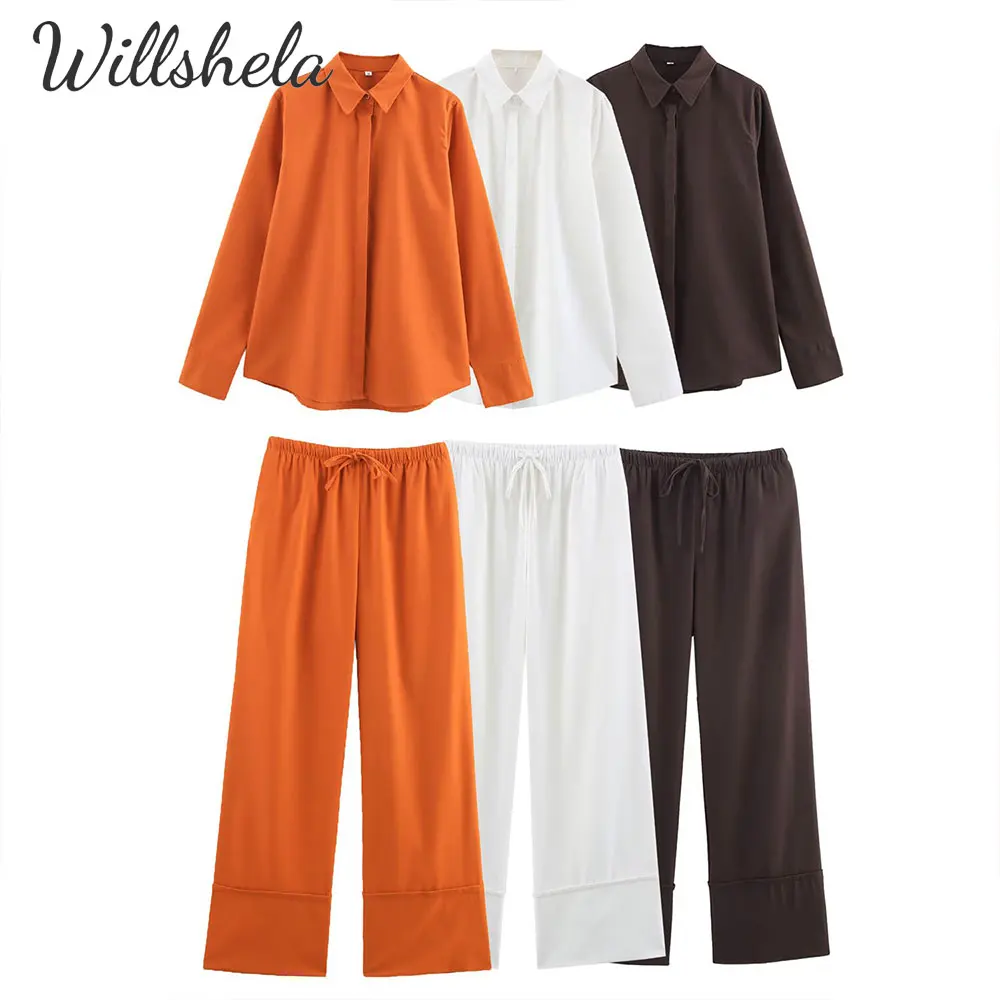 

Willshela Women Linen 2 Pieces Sets Long Sleeves Shirt and Straight Pant Female Chic Lady Casual Mujer Trousers Coordinates
