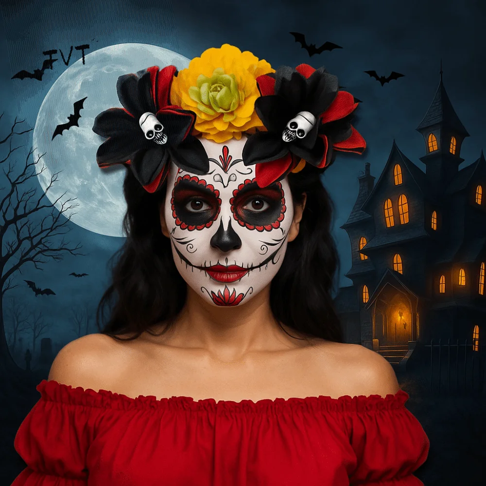 

Exaggerated Skull Head Headband Halloween Decor Colorful Halloween Hair Hoop Simulation Flower Funny Gothic Flower Hairband