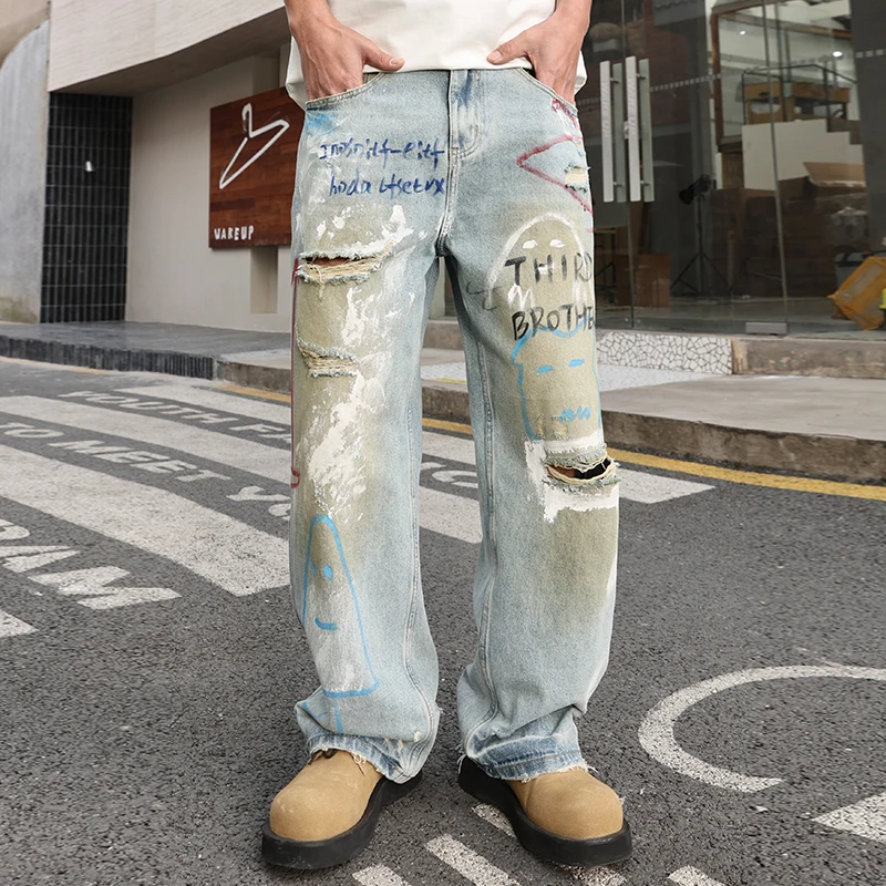 

High Street Hip Hop Graffiti Baggy Ripped Jeans For Men Streetwear Skateboard Distressed Denim Pants Korean Trendy Trousers Male
