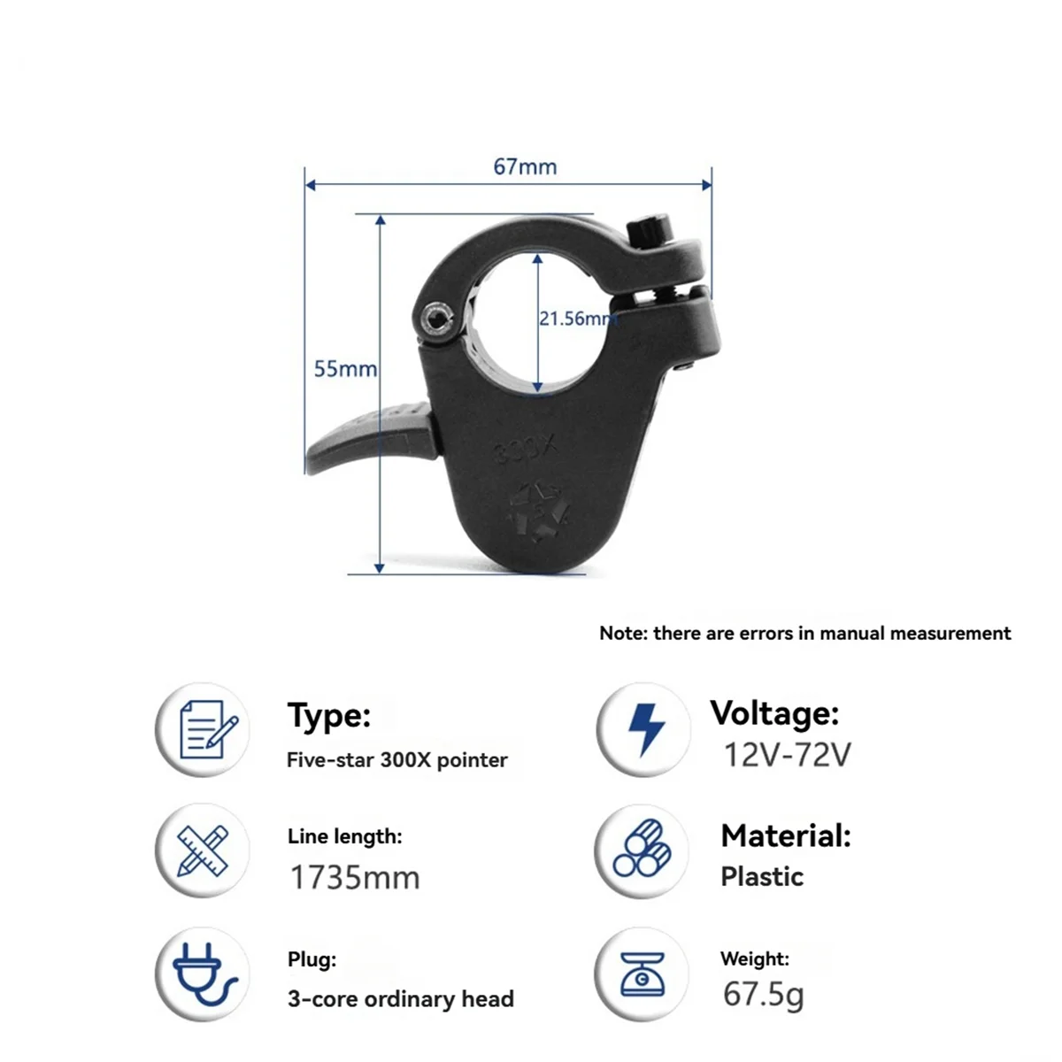 

B45C 300X E-Bike Thumb Throttle for Electric Scooter Accelerator Right and Left Hand Throttle 24V, 36V, 48V, 72V SM 3PIN