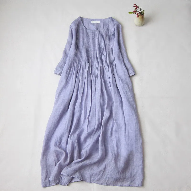 

2023 Summer New Women's Dress Literature and Art Mori Ramie Organ Pleated Mid-length Thin Robe Spring and Summer Linen Skirt