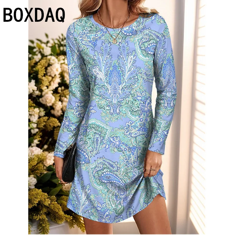 Women's Long Sleeved O-Neck A-Line Dress Retro Floral Pattern Casual Dress Retro Elegant And Minimalist Dress Vestidos