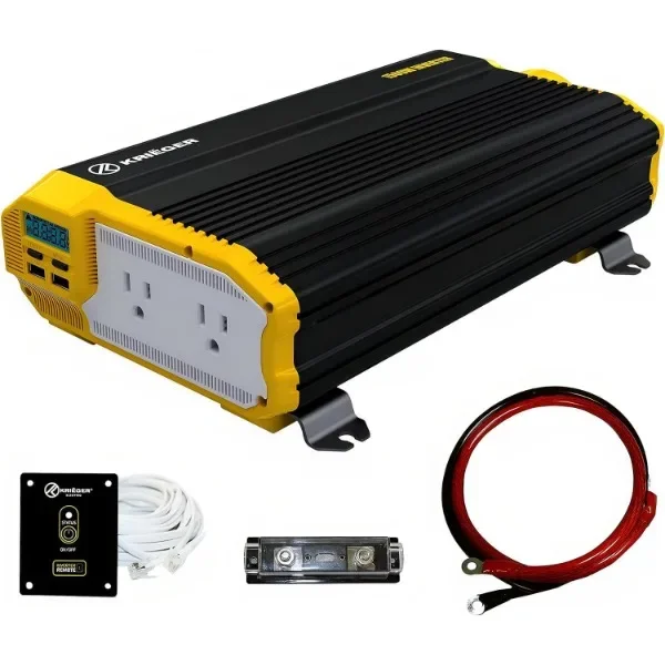 Krieger 1500 Watts Power Inverter 12V to 110V, Modified Sine Wave Car Inverter, Dual 110 Volt AC Outlets, Hardwire Kit, DC to AC