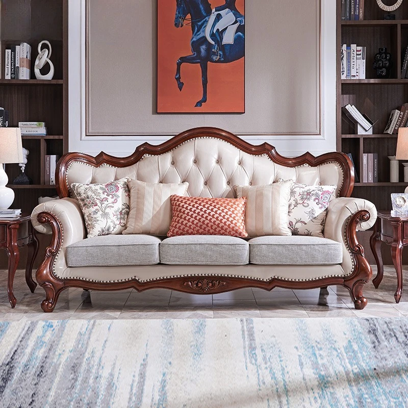 

Living room solid wood leather sofa European fabric 123 combination villa large apartment U-shaped sofa