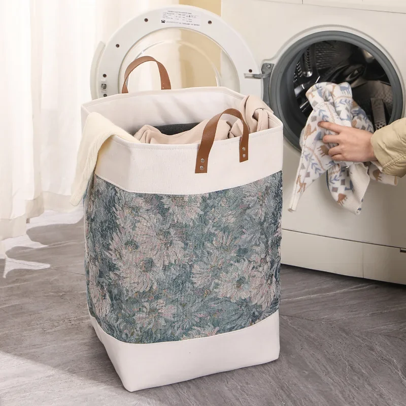 Jacquard Linen Fabric Foldable Laundry Basket Multi-color Clothes Storage Basket with Handle Bathroom Washable Laundey Hamper