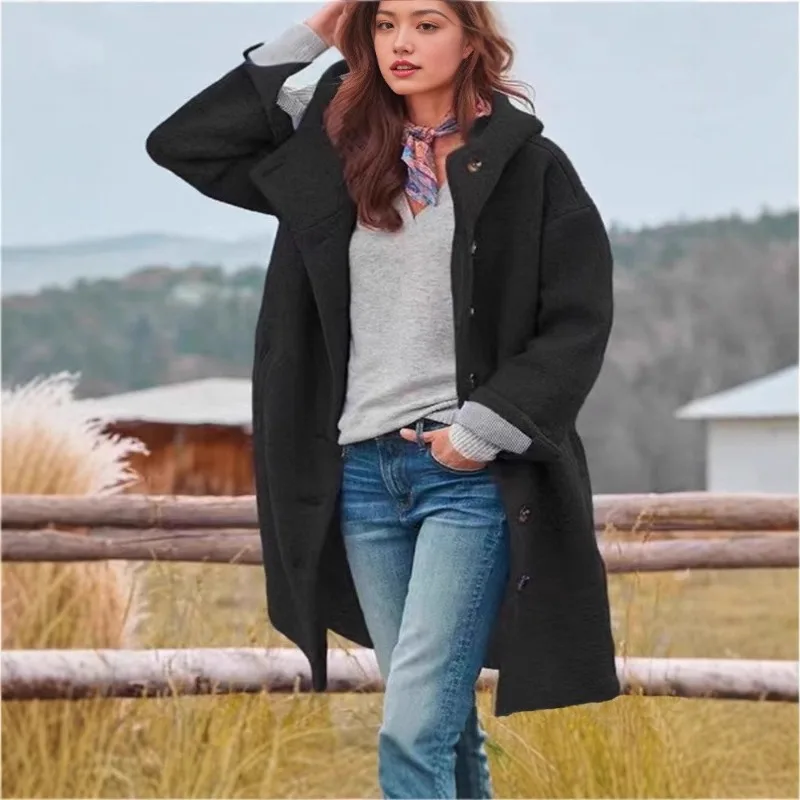 

Lemongor женские однотонные пальто с капюшоном, свободные однобортные пальто с длинными рукавами, осень-зима, повседневная теплая верхняя одежда 2026