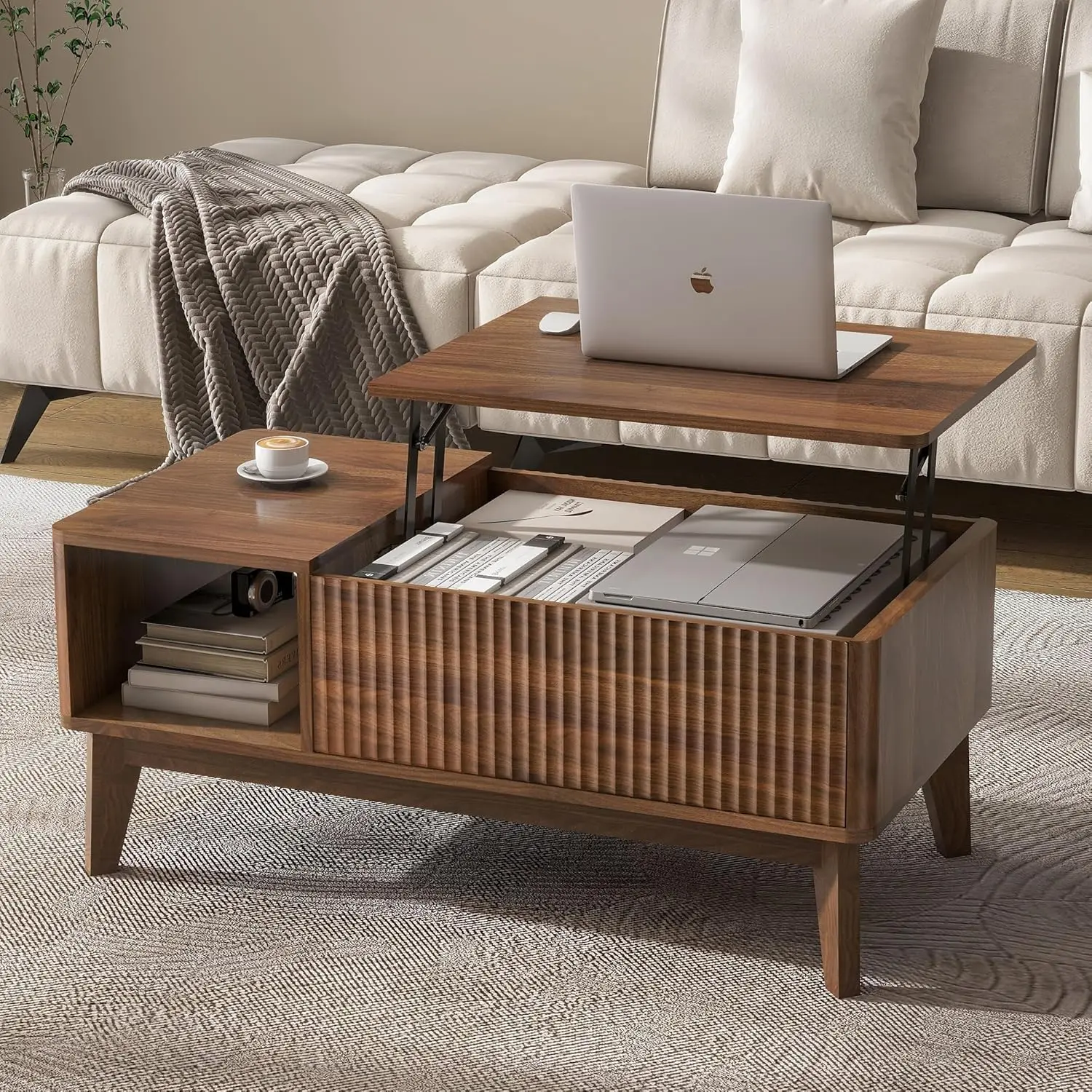 

Modern Fluted Lift Top Coffee Table with Storage, Walnut Finish for Living Room & Home Office