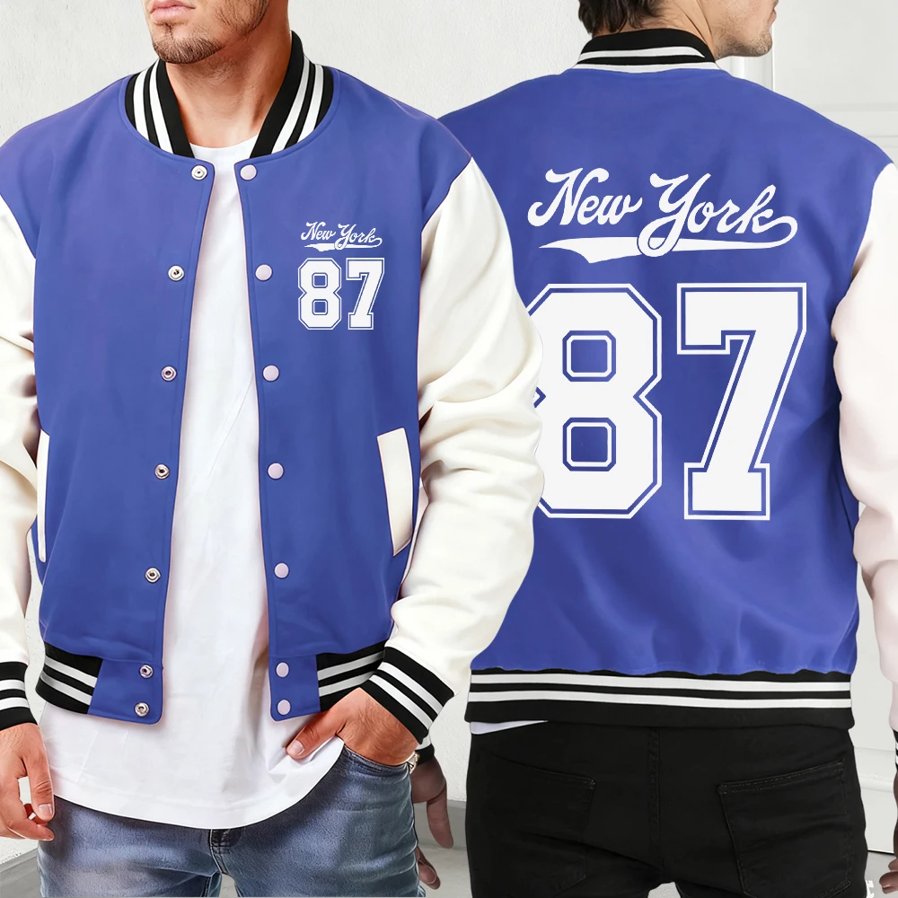 

New York Number 87 Print Warm Jackets Men Casual Comfy Streetwear Vintage Basics Menswear Soft Autumn Winter Baseball Uniform