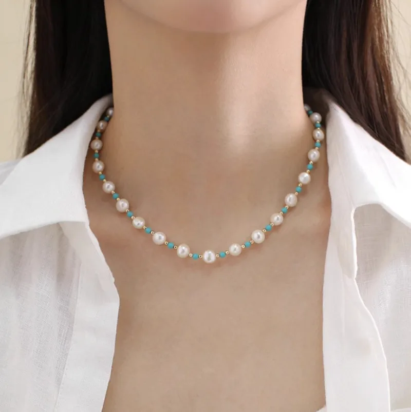 

Minar Boho Natural Stone Kallaite Baroque Freshwater Pearl Beads Beaded Necklace for Women 14K Real Gold Plated Copper Chokers