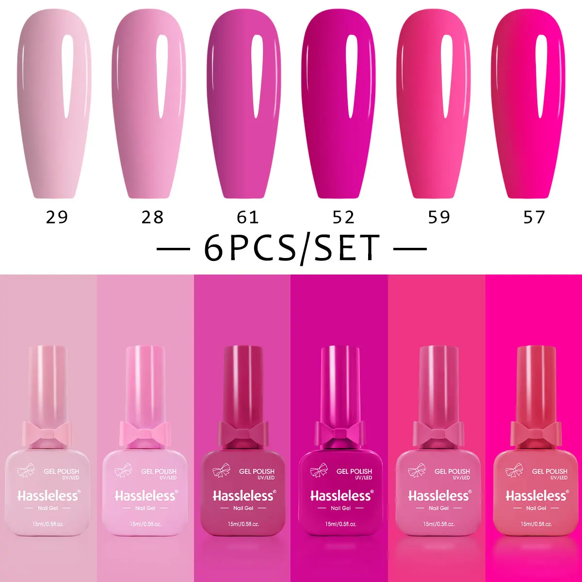 

Hassleless 6-Piece Salon Nail Set, 15ml per bottle, features a bow-shaped bottle design and covers six trendy pinks from light t