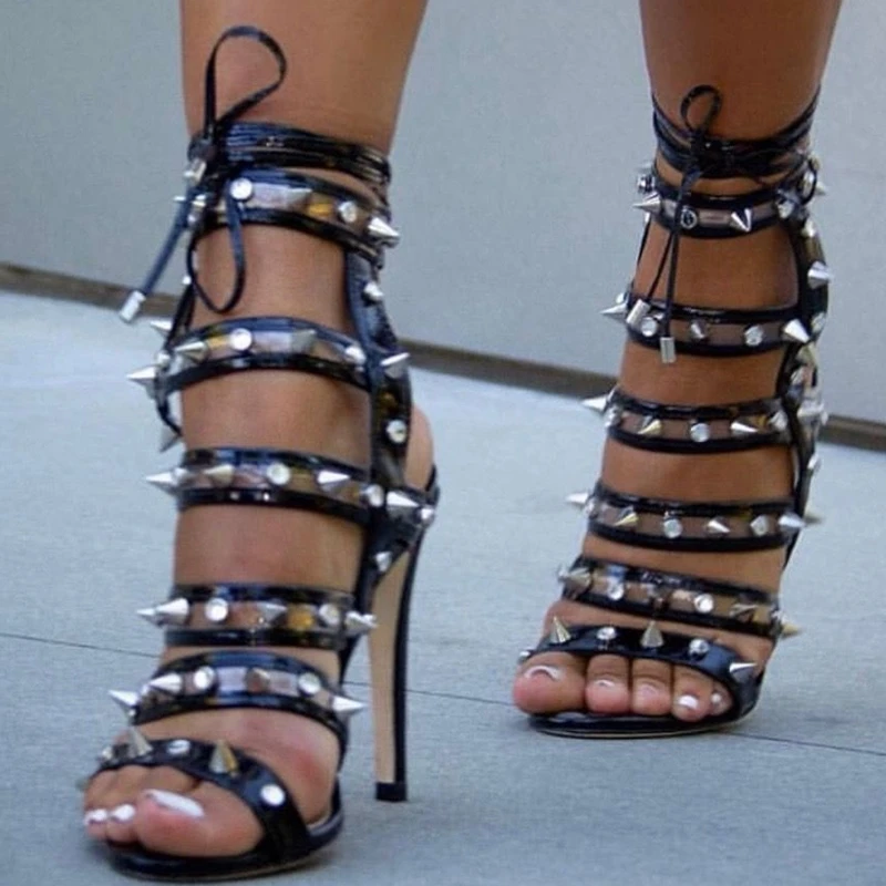 Klare PVC-Riemen, Nieten, Sandalen, Patchwork, Schnürung, schwarzes Leder, Knöchelwickel, offene Zehen, Damen-Gladiator-Sandalen, Schuhe, Abdeckung mit Absätzen