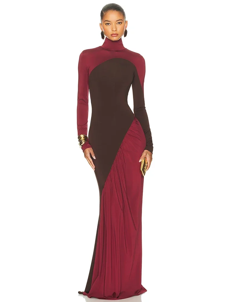 

Patchwork Turtleneck Pleated Sexy Maxi Dress Women Fashion Autumn Winter Long Sleeve High Waist Long Dresses Ladies