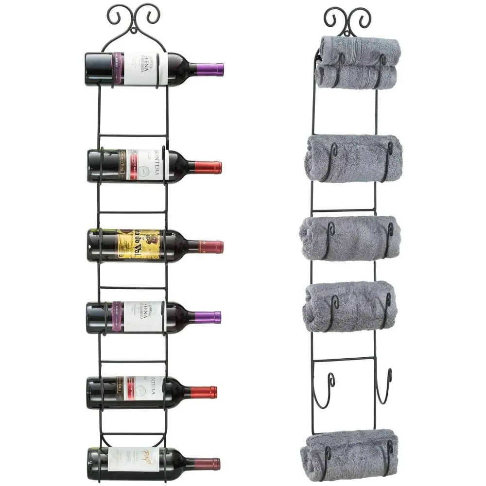 

Wall Mount Wine/Towel Rack Storage Organizer (Holds 6 Bottles) for Kitchen, Dining Room, Bar, Wine Cellar