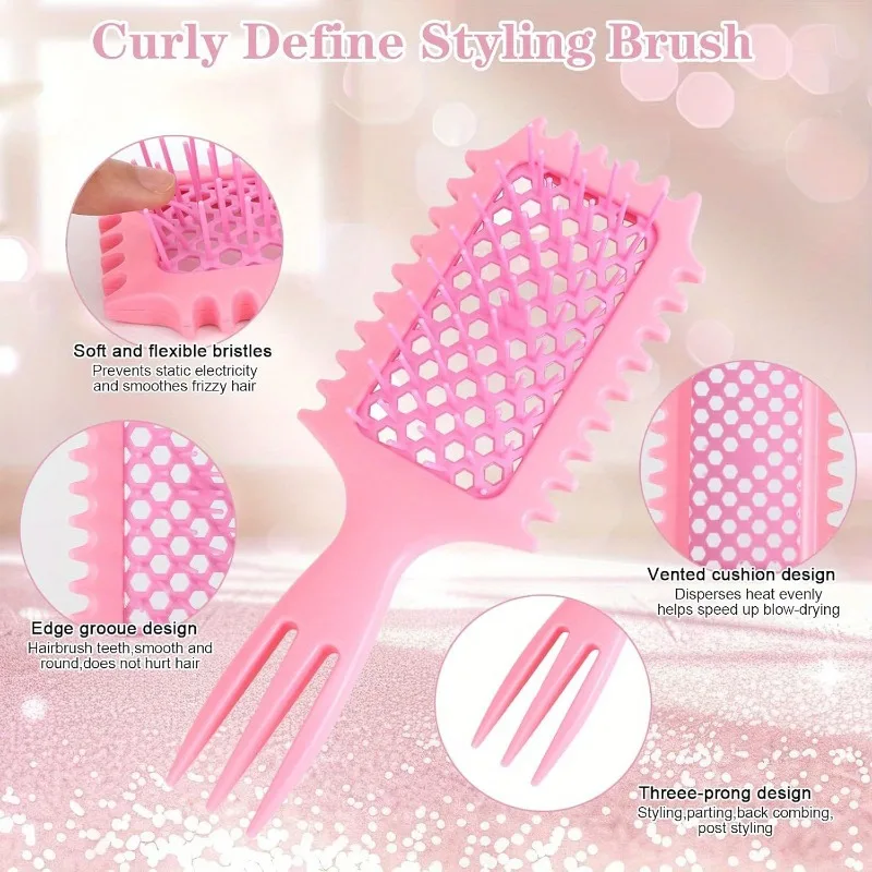 WANMEI 3 in 1 Curl Styling Brush Hollow Out Detangling Hair Brush Tangled Comb Hair Wet Dry Curly Hollowed Mesh Message Combs view 3