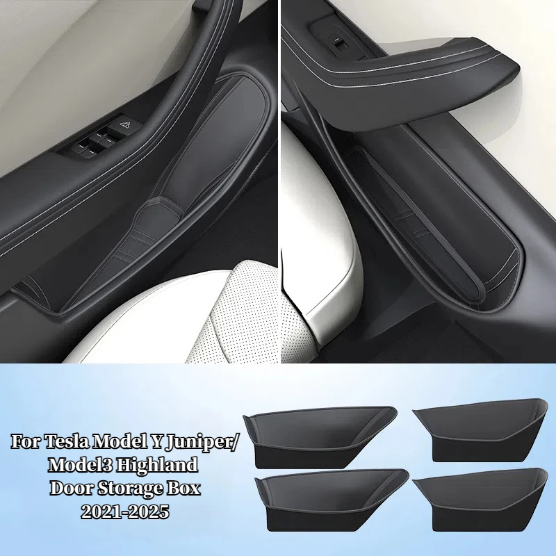 

Car Door Storage Box for Tesla Model Y Juniper/Model3 Highland Protector Pads Leather Door Slot Organizer Pockets Accessories