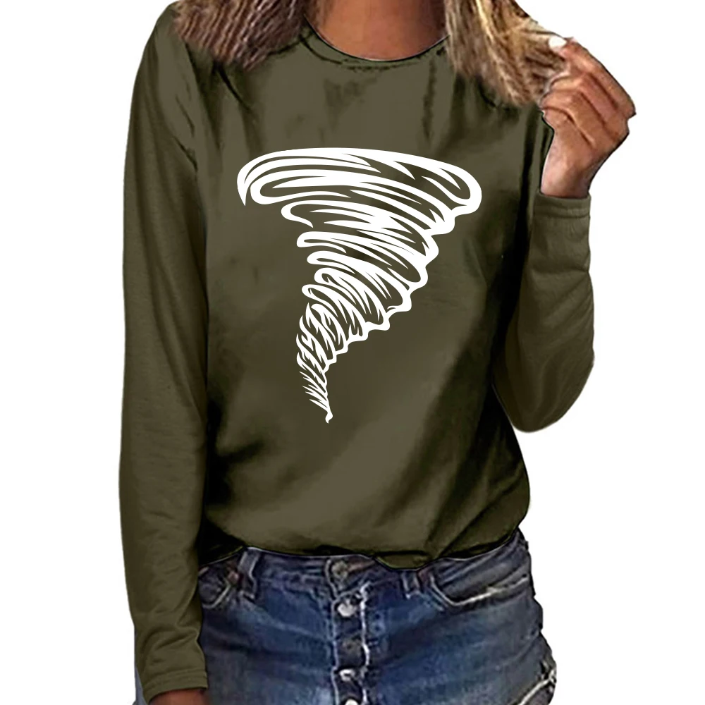 Seeyoushy Tornado Print 2023 O-neck Long Sleeve Women's T-shirt Casual Fashion Women's Clothing Y2K Aesthetic Trend Women's Top