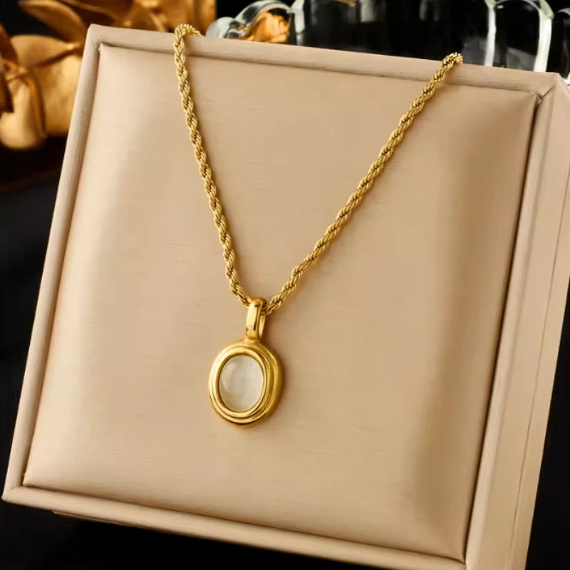 1-piece Gold Color Oval Inlaid Stone Pendant Necklace, Women's Fashionable Classic Daily Party Jewelry Gift