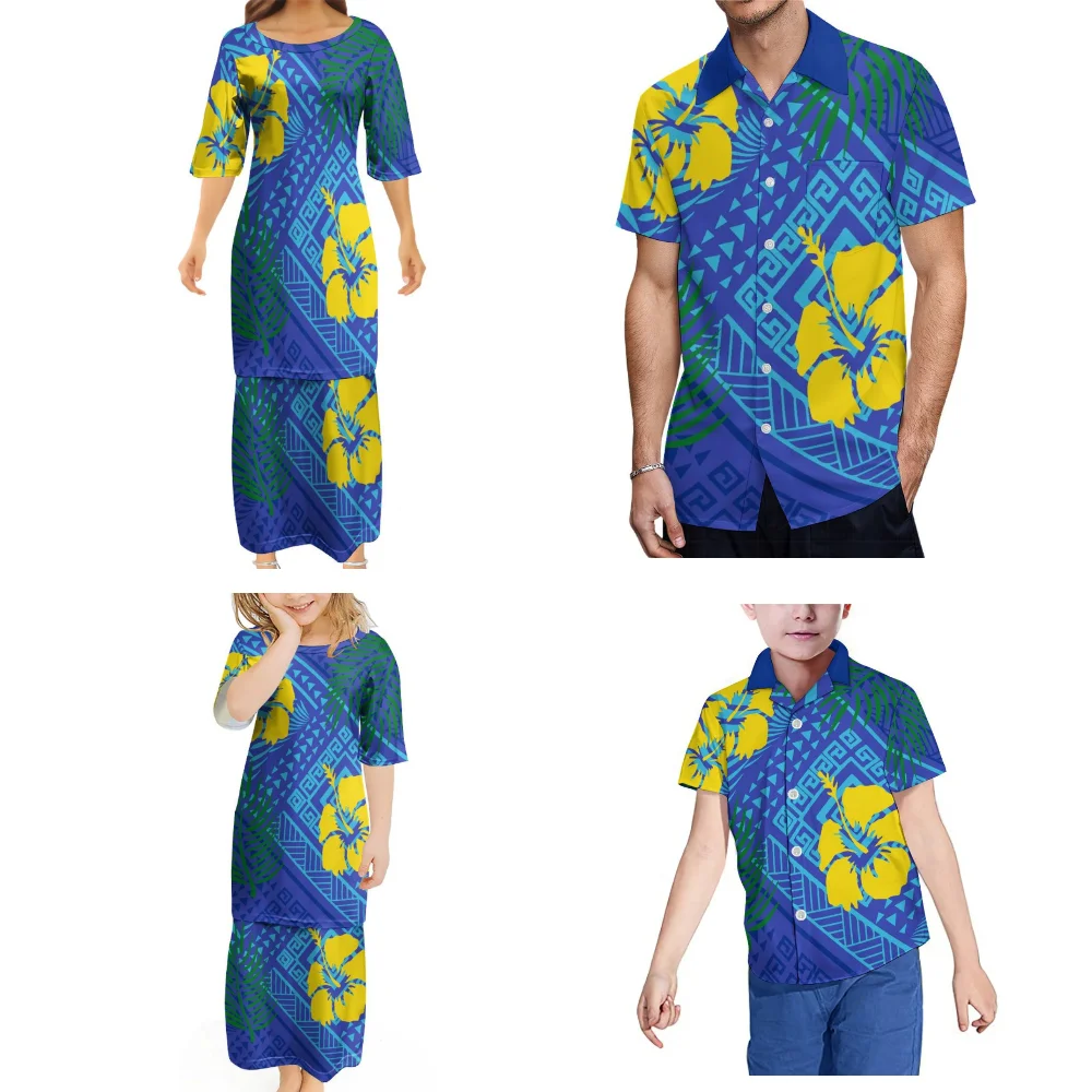 Custom Print Custom Polynesian Family Set Mother Daughter Puletasi Maxi Dress Father Son Hawaiian Shirt