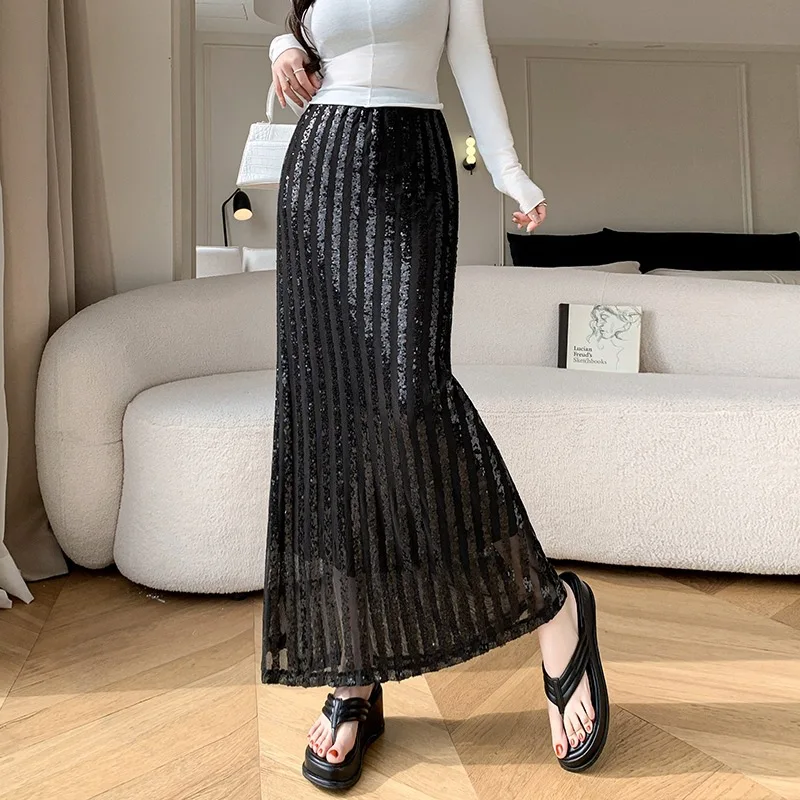 High Waisted Sequins Beading Long Skirt Womens 2024 Summer Stretchy Straight Stylish Fashion Chic Ladies Skirts 2024