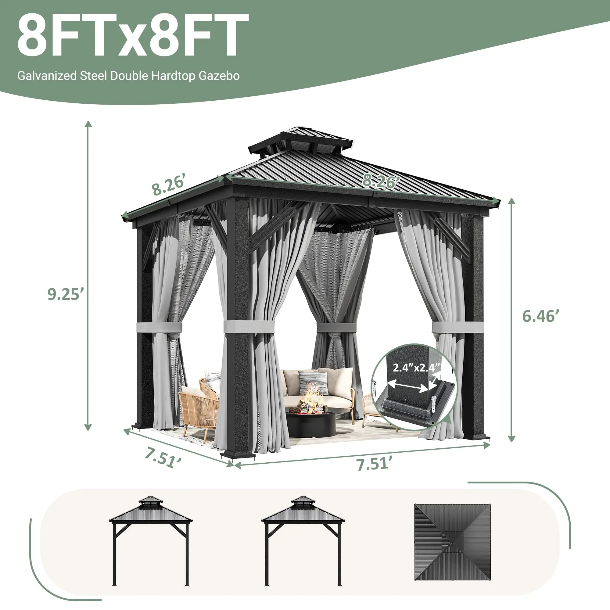 VIWAT 8x8 FT Hardtop Gazebo Galvanized Steel Roof W/ Netting Curtain All Weather for Backyard Patio Garden