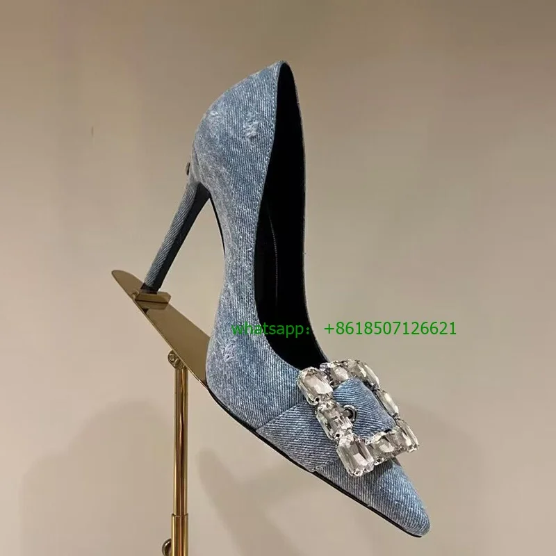 Denim Rhinestone Pointed Slip-On Pumps 12cm Super High Heel Stiletto High Quality High Heels Ladies Shoes