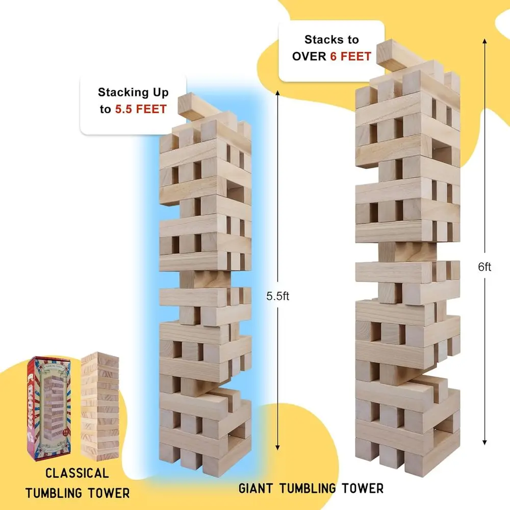 Juego gigante de apilamiento de madera de 51 piezas: torre de caída para niños y adultos: desafío de bloques de madera para exteriores/interiores