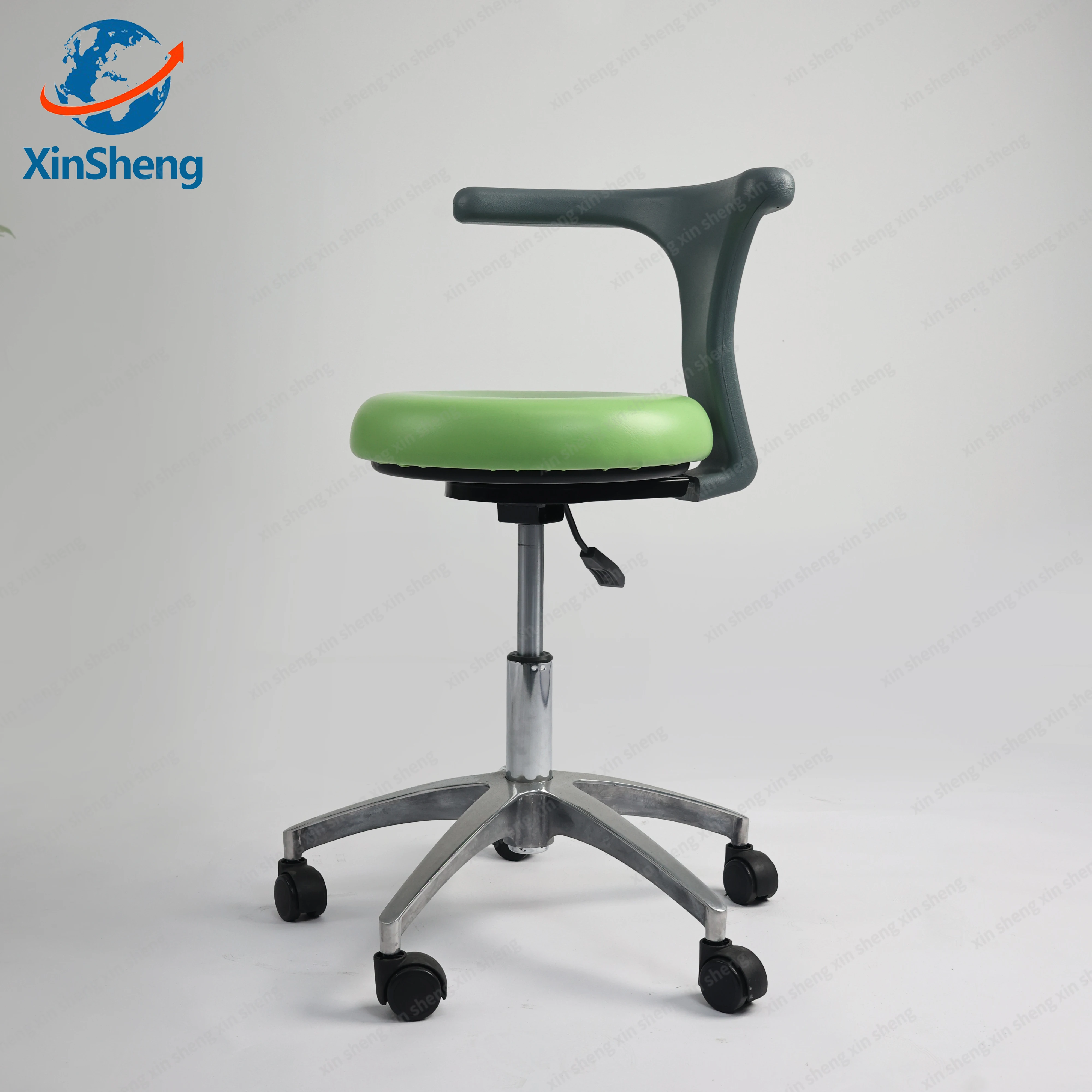 Green Salon Stool With Single Armrest, Height Adjustable Swivel Dentist Chair with Wheels