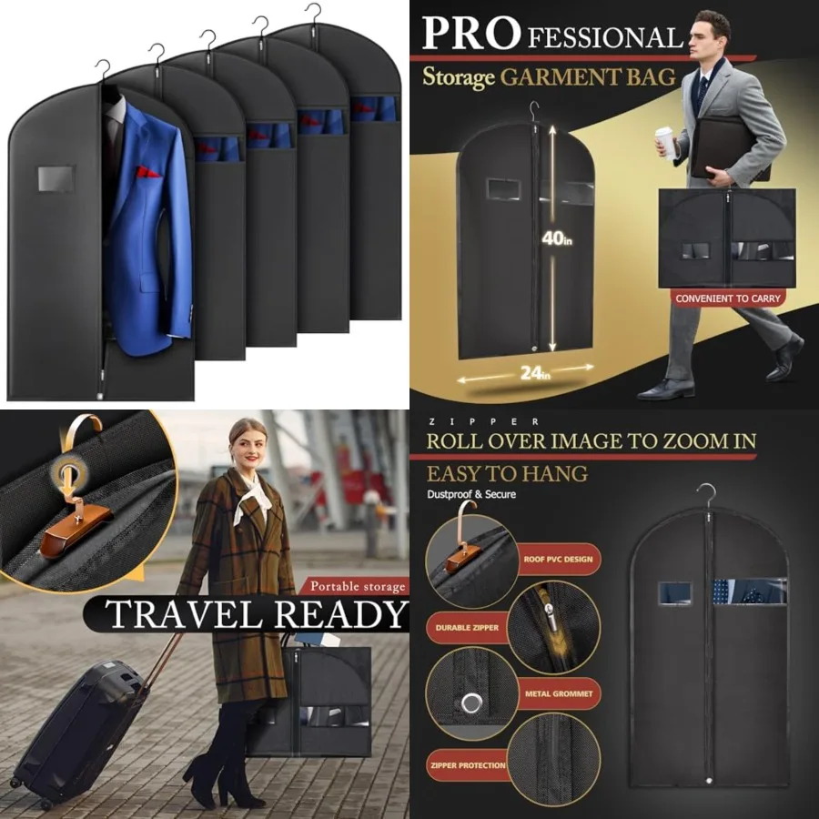 

5 Pack 40-inch Suit Bag Garment Bag for Travel and Storage, Garment Bags for Hanging Clothes with Zipper and Visible Transparen
