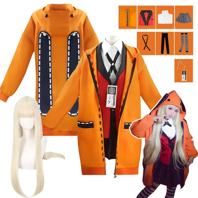 Yomozuki Runa Costume for Women Anime Costume Kakegurui Orange Hooded Wig and Jacket School Uniform Halloween Costume