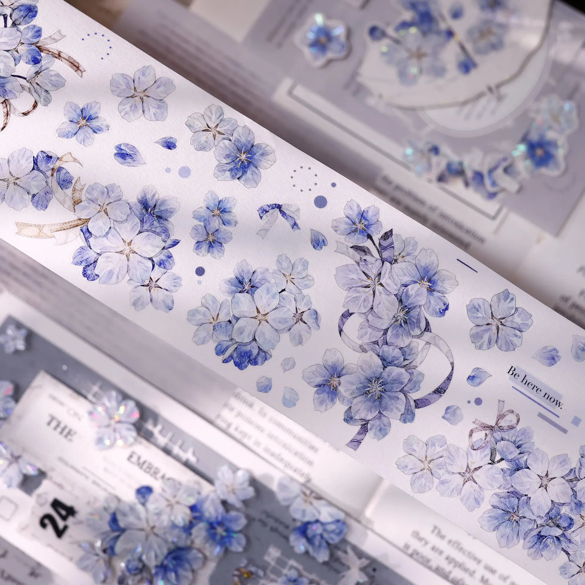 Vintage Blue Cherry Blossom Rain Washi PET Shell Shiny Die-Cut Journaling Tape for Scrapbooking DIY Craft Decor