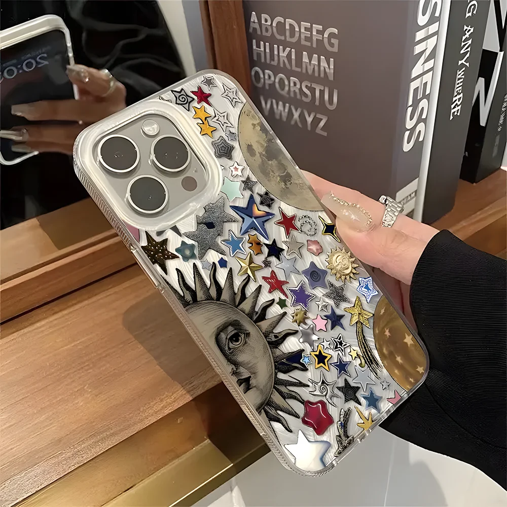 

Retro Style Face Sun Stars Phone Case for vivo V60 V50 V30e V30 V29e V27 V29 V25 V21e V23e Lite Pro 4G 5G Feather Texture Cover