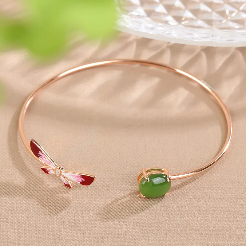 

S925 Sterling Silver Hetian Jade And Jasper Inlaid Women'S Open Bracelet
