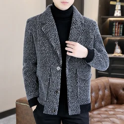 Winter Wool Blends Jackets Men Thicken Keep Warm Coats Fashion Lapel Striped Casual Business Trench Coat Streetwear Overcoat