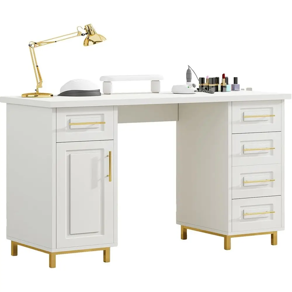 

43 White Wooden Nail Technician Desk with 5 Drawers and Cabinet for Manicure Stations