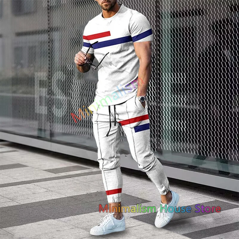 Summer Sportwear Suit Solid Color Short Sleeve T Shirt Long Pants Sets Men Tracksuit K Print 2 Piece Outfits Oversized Clothes