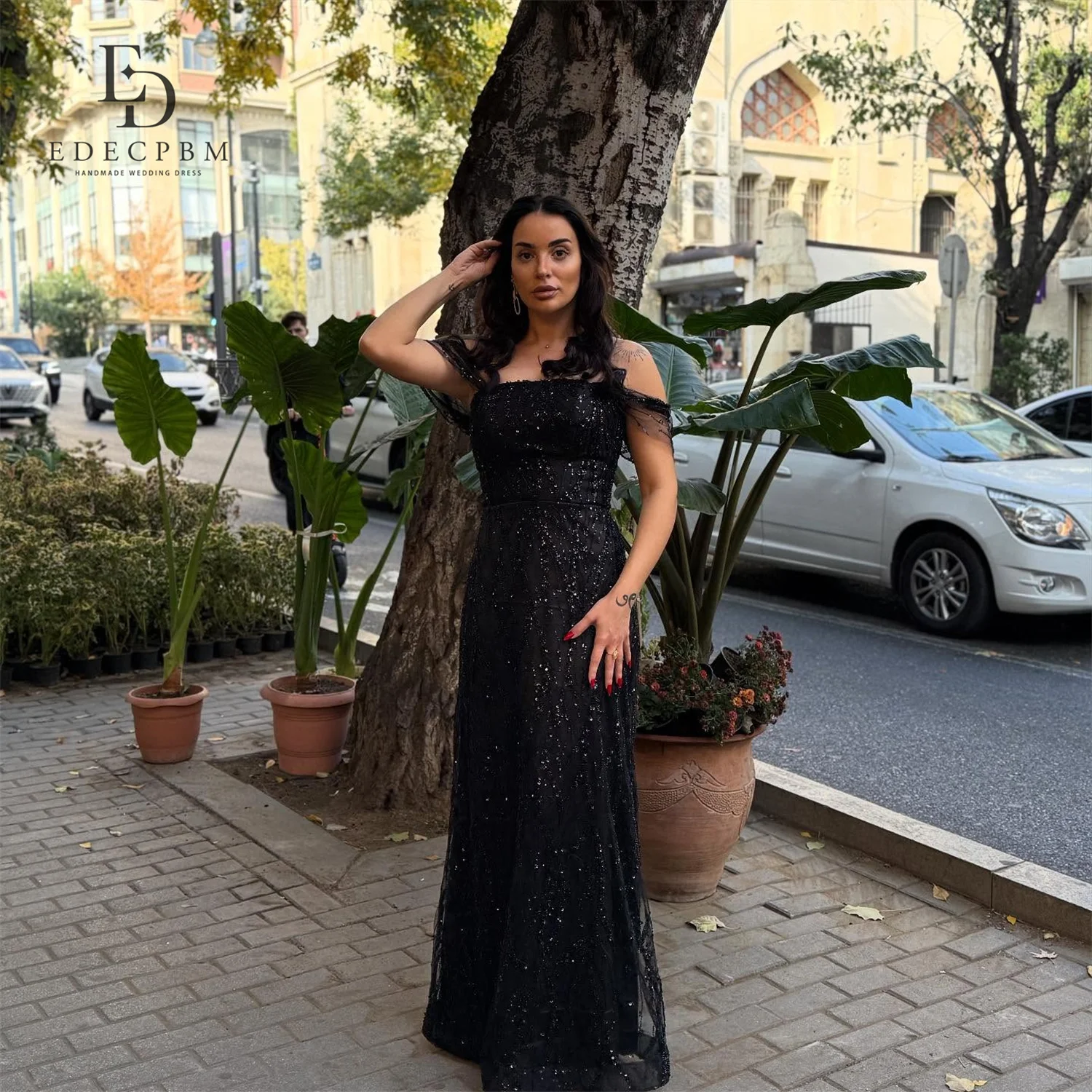 

EDECPBM Elegant Sparkly Sequin Off The Shoulder Black A-Line Evening Dress 2026 Prom Dress Formal Evening Women's Customized