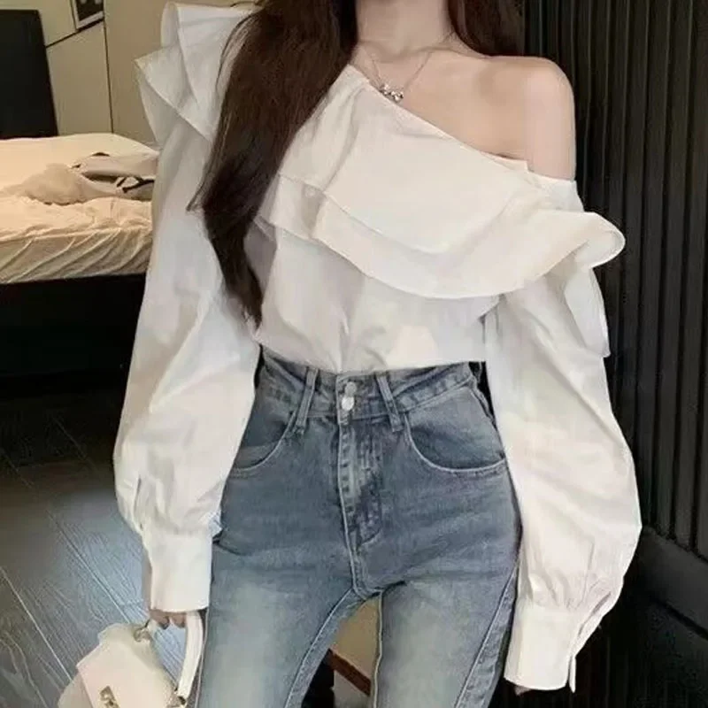 New Long Sleeve Women Blouse Ruffle White  Lantern Sleeve Tops Off Shoulder Sexy Shirt Elegant Cotton Clothing