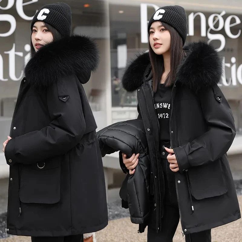 Winter Female Parkas 2024 New Detachable Inner Cotton Jacket Women\'s Thicken Fur Collar Hooded Coat Warm Snow Wear Long Parkas