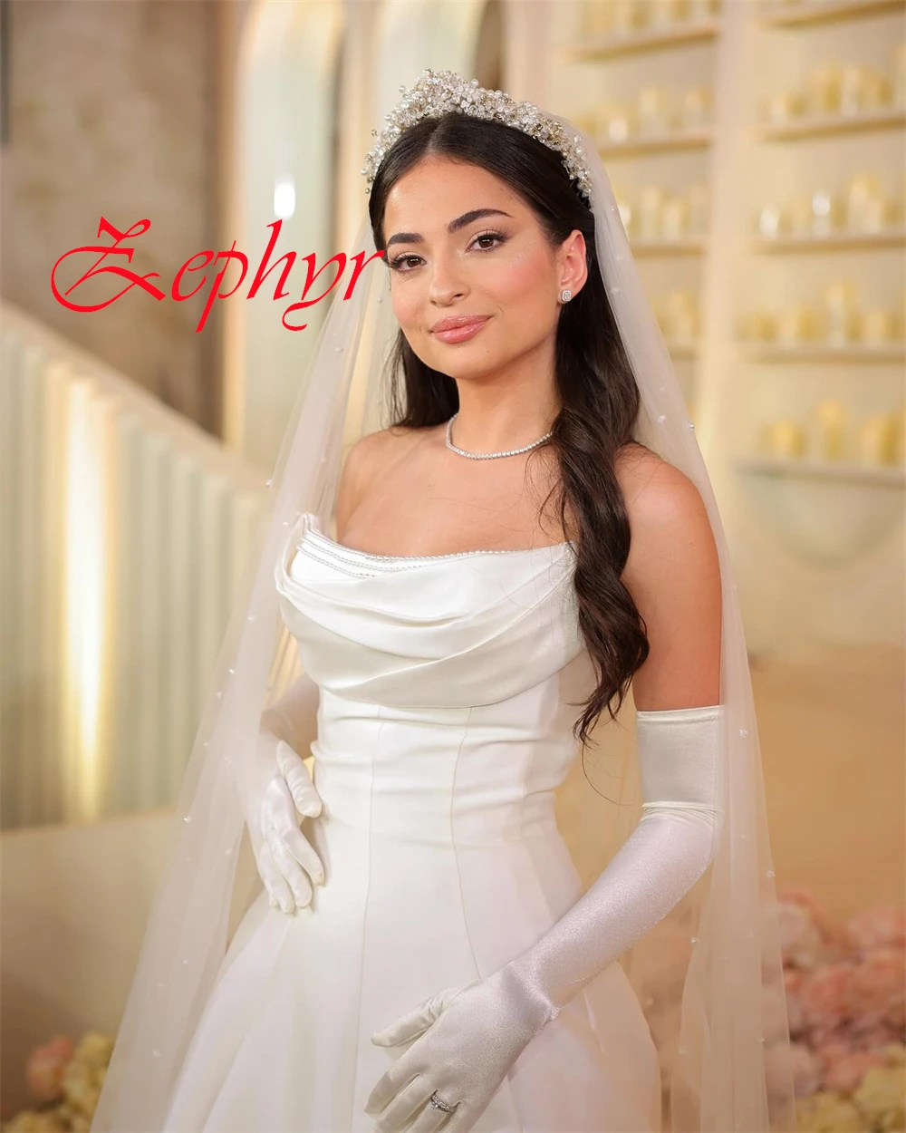 

Customized White Satin Wedding Dress Formal Strapless Detachable Sleeve Long Sleeves Bridal Gowns Chapel Train Zipper Back Dress